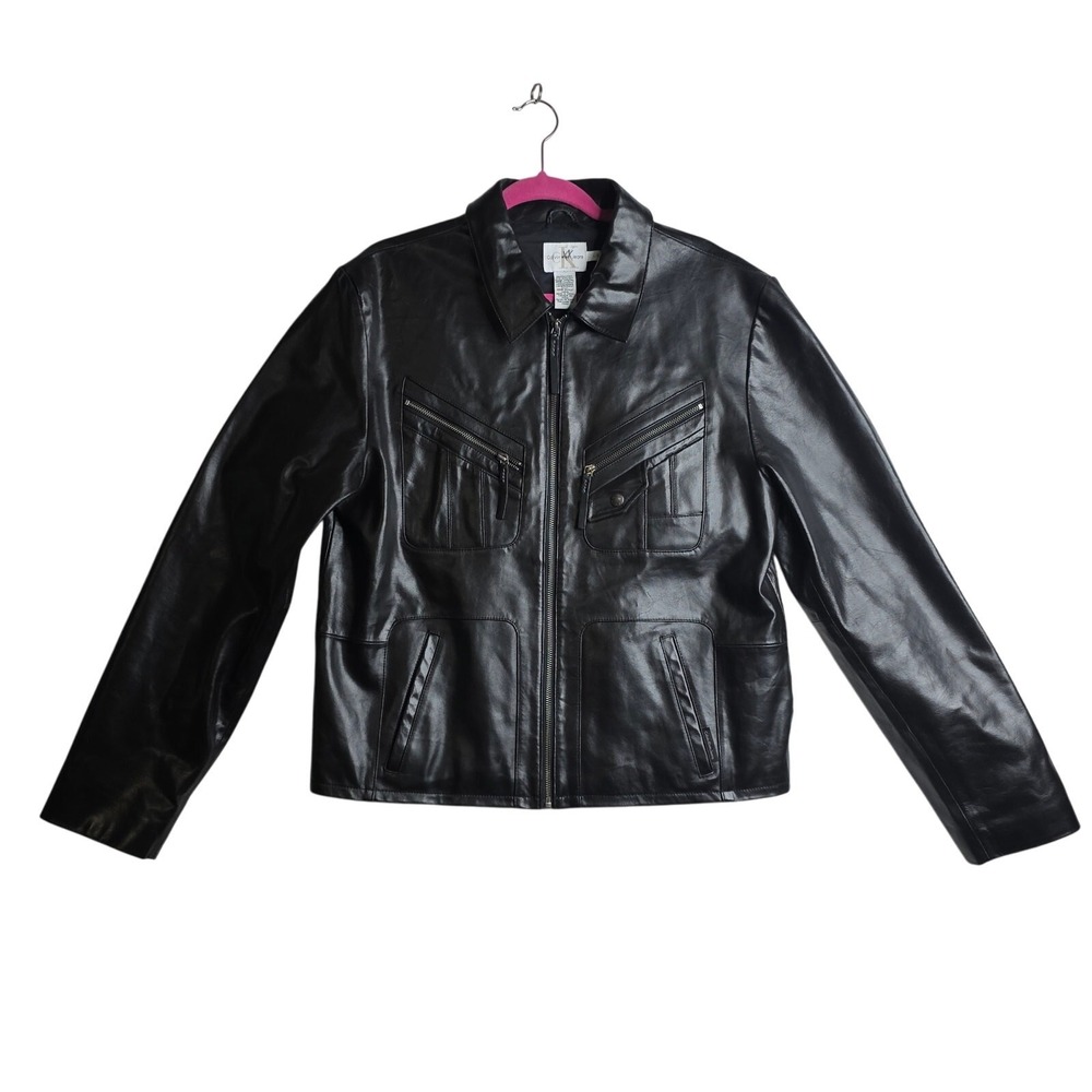 Calvin Klein Ms L Vintage Black Leather jacket w Zip Stiff Multiple pockets Sexy